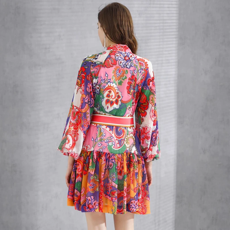 SEQINYY Boho Mini Dress 2020 Summer Spring New Fashion Design Women Vintage Red Flowers Print Lantern Sleeve Chiffon Belt