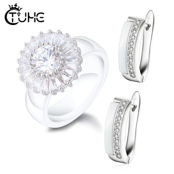 

6mm Luxury Bling Crystal Ceramic Rings Exquisite Tiny Cute Ceramic Earring For Women Fashion Jewelry Sets Lover Engagement Gifts