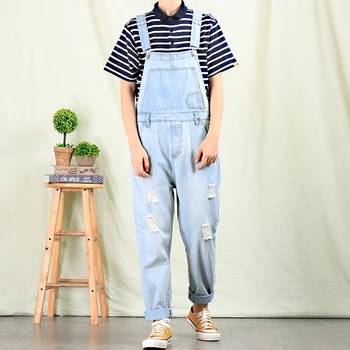 

Straight hole light-colored denim overalls men's trousers Korean tooling jumpsuit men's overalls