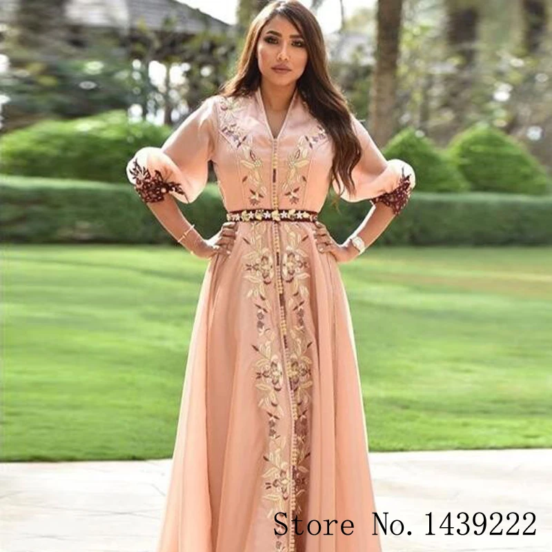 

Sofuge New Peach Color Dubai Evening Dresses Beads Half Sleeves Moroccan Kaftan Appliques Muslim Special Occasion Plus Size