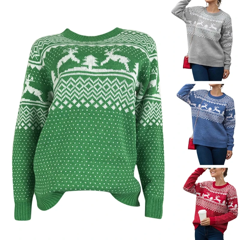 

Women Winter Christmas O Neck Sweater Long Sleeve Reindeer Wavy Stripes Patterns Pullover Tops Knitted Warm Holiday Jumper Shirt
