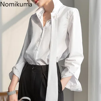 

Nomikuma Turn Down Collar Long Sleeve OL Shirts Solid Color Detachable Tie Loose Blouse Women Fashion Tops 2020 Spring New 3a096