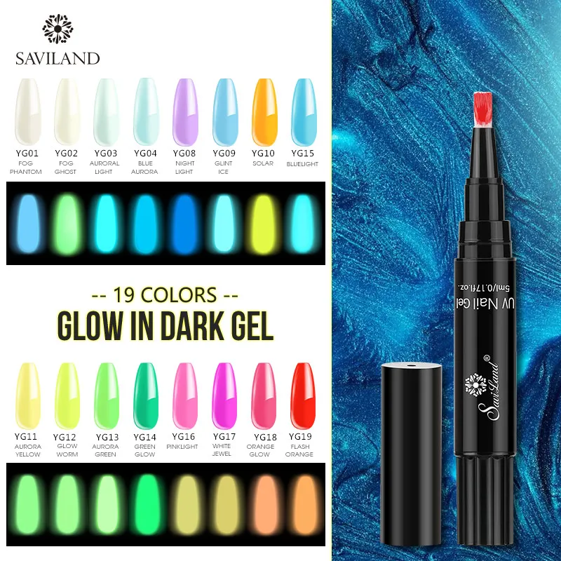 

SAVILAND 5ml Glow In The Dark Nail Gel Polish Hybrid Nail Varnish Soak Off UV LED Lamp Semi Permanent Pen Shimmer Nail Art