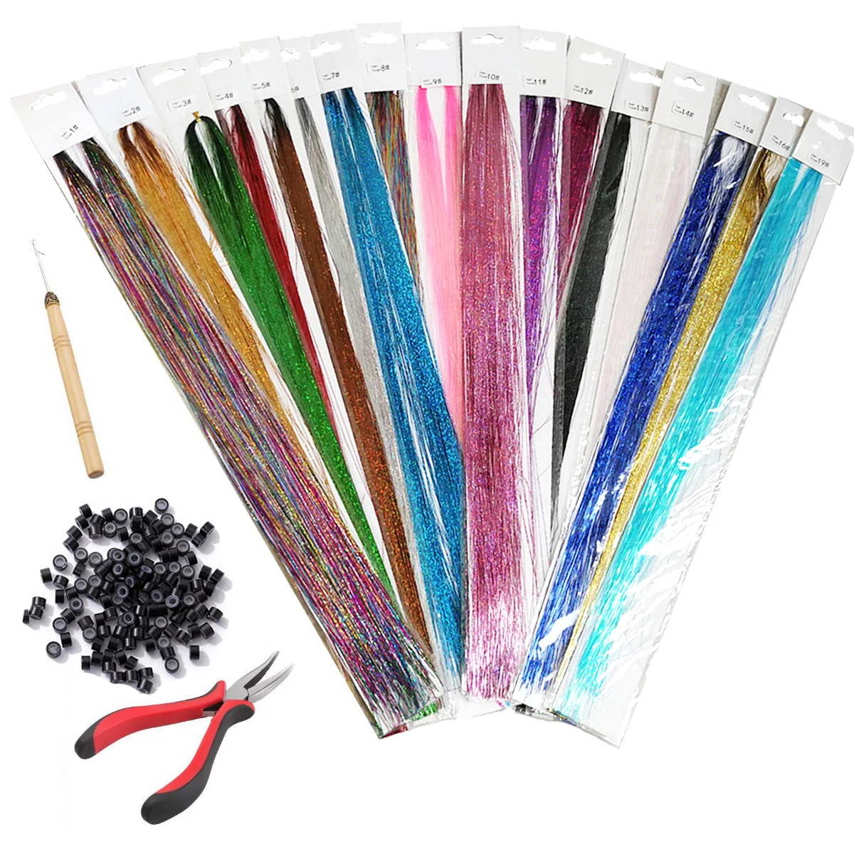 

17 Pieces Hair Tinsel Kit Accessories Holographic Sparkle Shiny Extensions Women Hippie For Braiding Tools Long 90cm