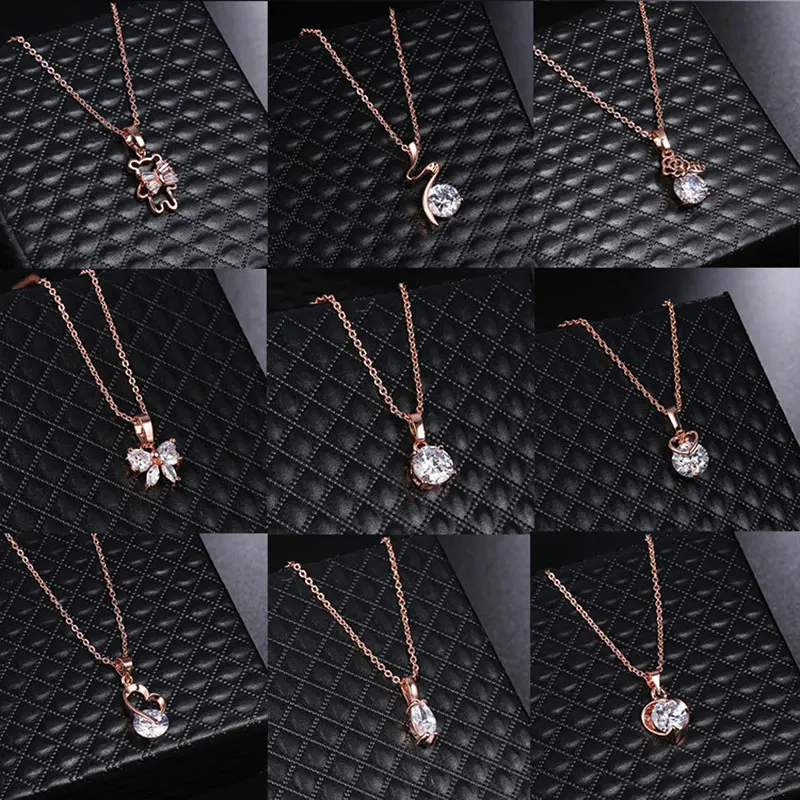 

Luxury Rose Gold Color Statement Butterfly&Heart&Key Pendant Necklace for Women Exquisite Zircon Wedding Bands Jewelry Gifts