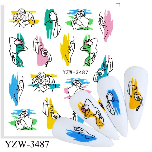 Colorful Face Flower Stickers Nail Stickers Transfer Nails Water Decal Nail Decals Leaf Sticker Series Watermark Nails Geometric YZW-3487