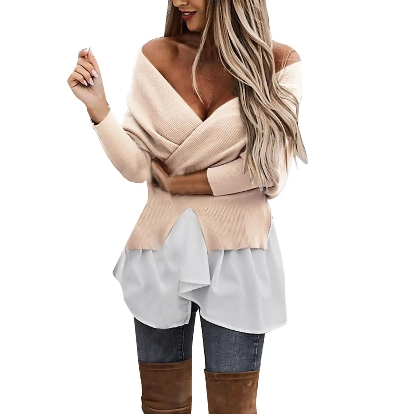 Women Blouse Deep V Neck Long Sleeve Patchwork Irregular Blouse Backless Knit Ladies Shirt Female Clothing 1