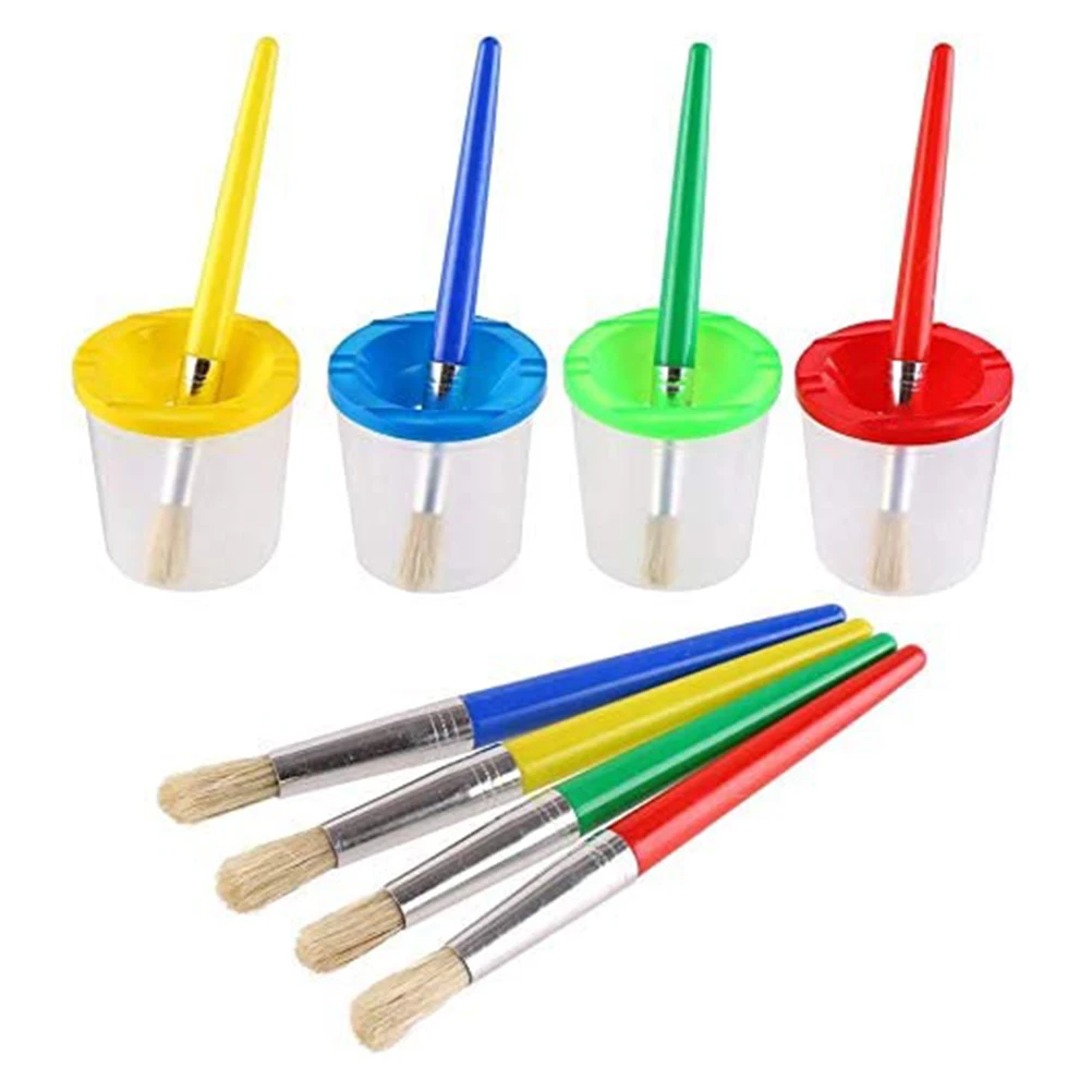 4pcs Paint Brushes and 4pcs No Spill Paint Cups with Lids for Kids