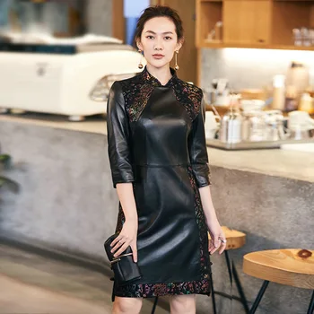 

Autumn Winter Genuine Leather Dress Women Ladies Long Slim 100% Sheepskin Printed Lace Collar Cheongsam Size XS-3XL