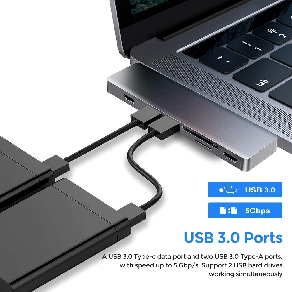 C-Type hub with 4K HDMI c-Type hub Adapter Dongle for MacBook Pro 2016/2017 / 2018 and air 2018 TF/SD Card Reader Thunderbolt 3 Cradle 2 USB 3.0 Ports C-Type Female Port Byttron USB hub C 
