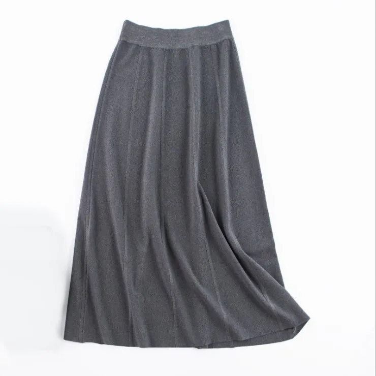Зимняя Гибкая эластичная юбка миди с высокой талией, зонтик, теплая трикотажная юбка для женщин, серые, черные, бежевые женские юбки saia saias - Цвет: 2