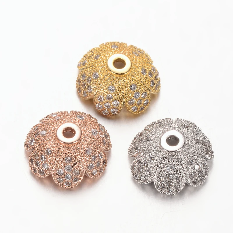

Environmental More-Petal Flower Brass Micro Pave Cubic Zirconia Bead Caps, Lead Free & Nickel Free, Mixed Color, 11x4.8mm,