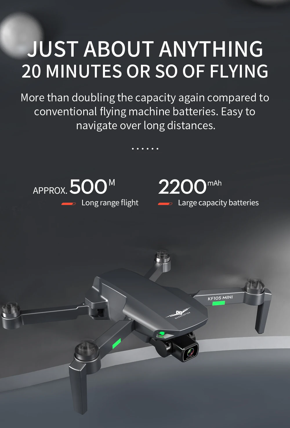 KF105 GPS Drone, APPROX 500' M 2200 mAh Longrange flight Large capacity batteries KFI