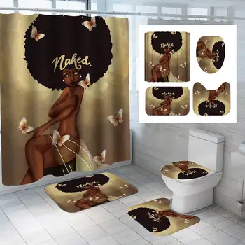 

Fashion African Girl Bathroom Set Waterproof Shower Curtain Non-slip Bath Mats Toilet Seat Cover Rug Carpets