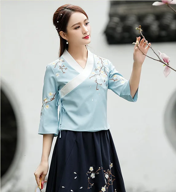 Hanfu костюмы рубашка Античная Мода вышивка художественная восстановление чай церемония китайский стиль Одежда Qipao народные женские топы синий
