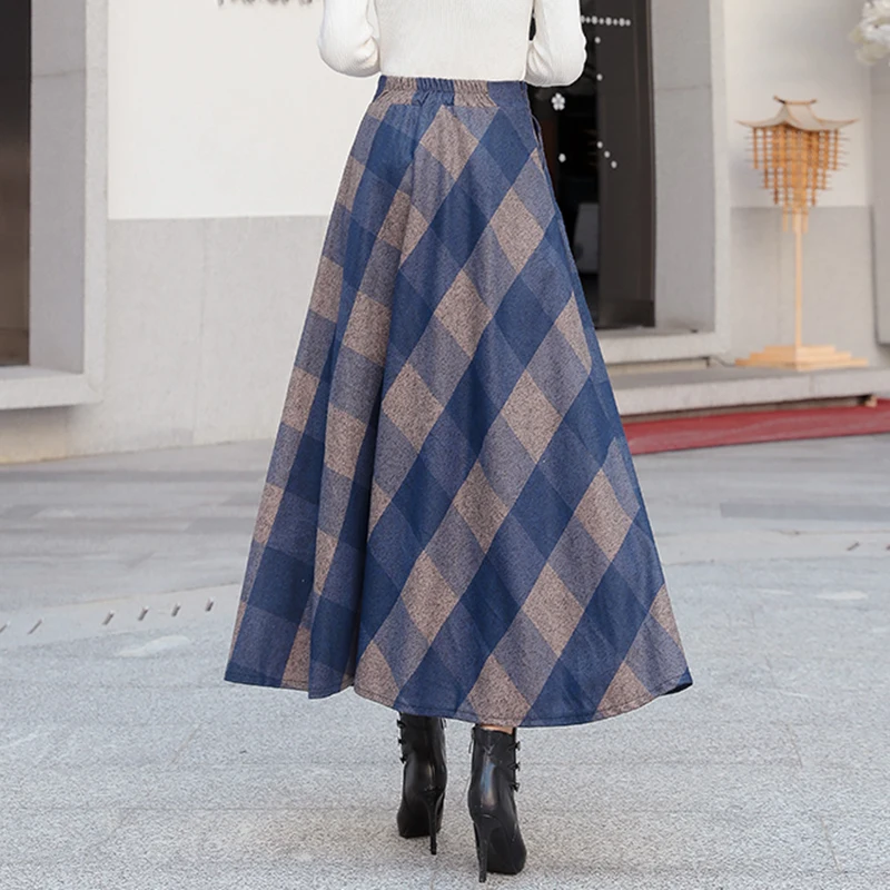 Осенняя и зимняя клетчатая юбка женская винтажная Высокая талия Макси Jupe Longue Femme нового размера плюс Saia бархатные шерстяные юбки из тартана