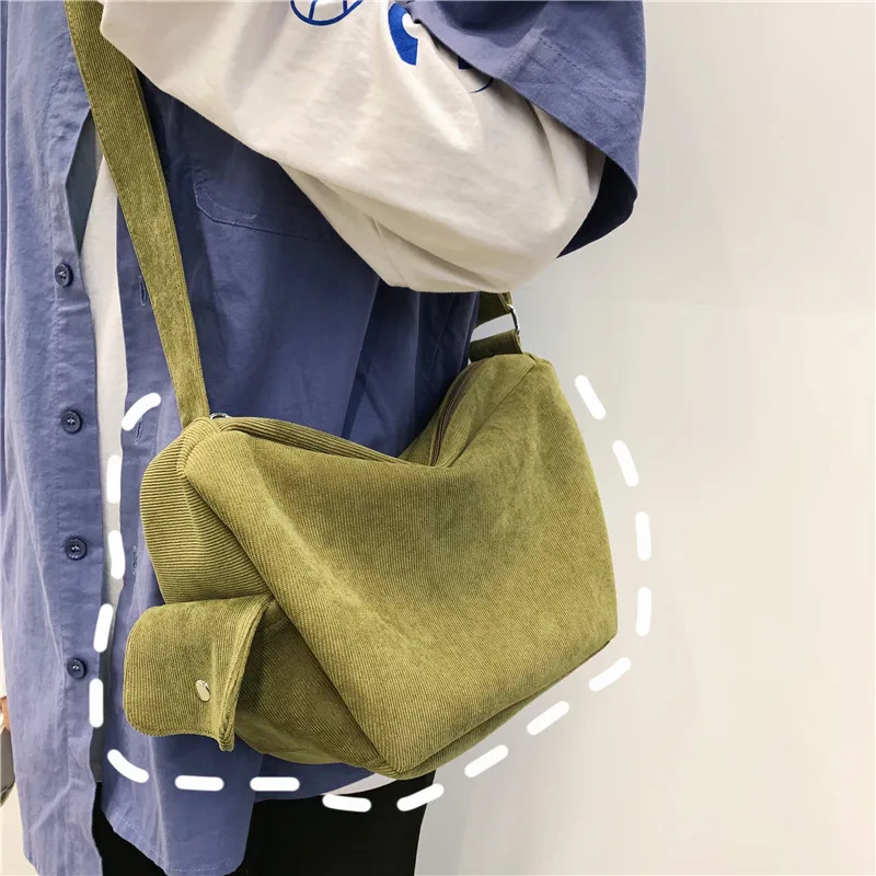 

New Style Harajuku Ulzzang Corduroy GIRL'S Shoulder Bag Korean-style INS Simple Students Class Canvas Messenger Bag