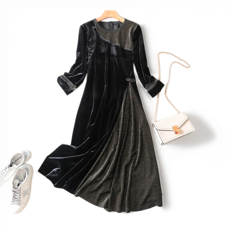 2019 осень и зима новое модное Золотое бархатное тонкое яркое шелковое платье с