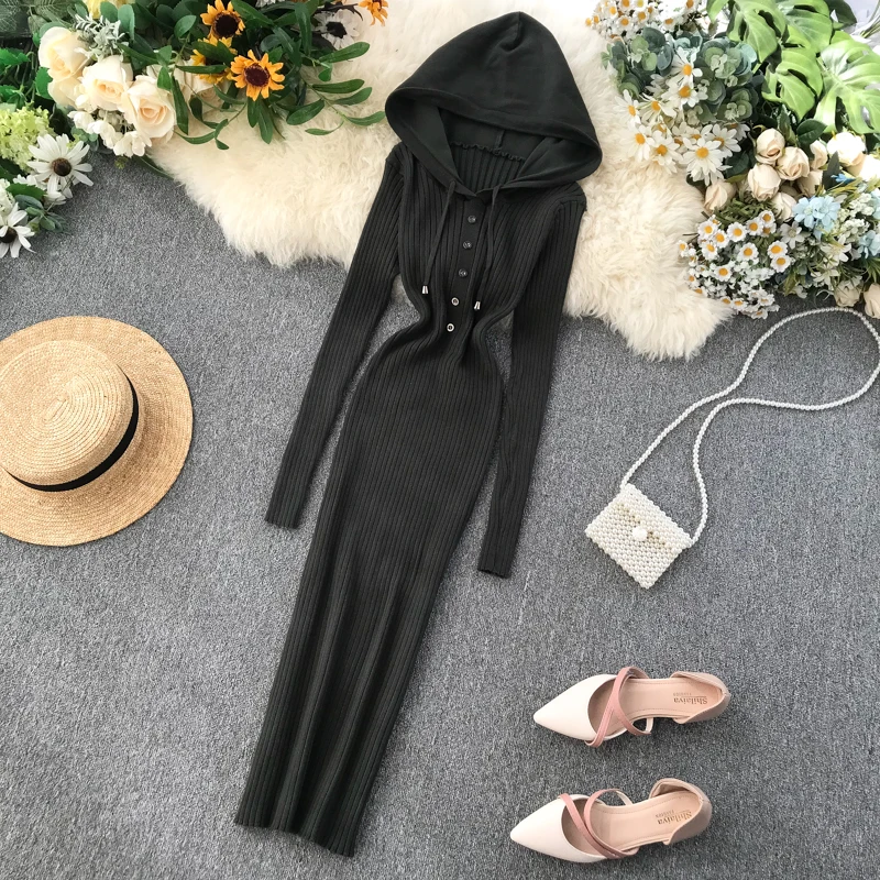 Винтаж тонкий пуговицами и капюшоном осень-зима облегающий вязаный свитер средней длины длинное платье Вечерние Для женщин Элегантные Платья Туника Vestidos - Цвет: army green