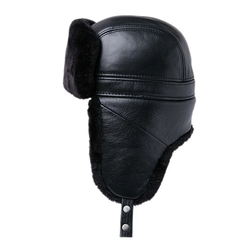 

Fibonacci Men's Hat Winter Cowhide Leather Brand Quality Genuine Leather Fur Hat Pom Ear Protect Bomber Hats Russian Ushanka Cap