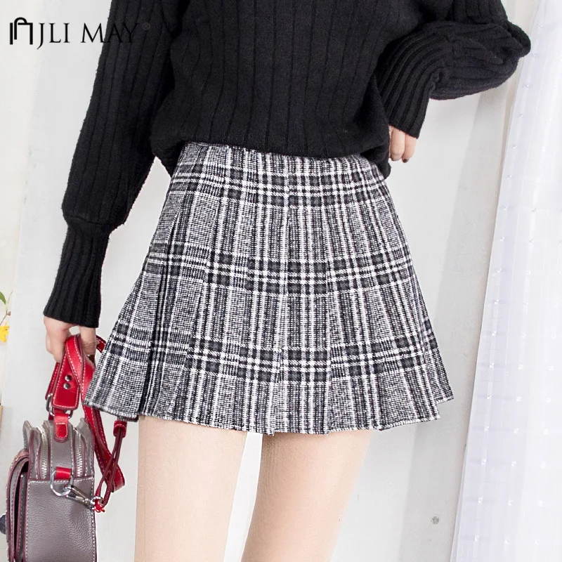 JLI мая Осень Плиссированные Юбки Высокая талия плед тонкий Harajuku корейский короткая юбка зима нормкор консервативный стиль