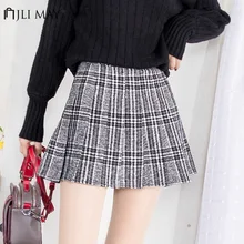 JLI мая Осень Плиссированные Юбки Высокая талия плед тонкий Harajuku корейский короткая юбка зима нормкор консервативный стиль