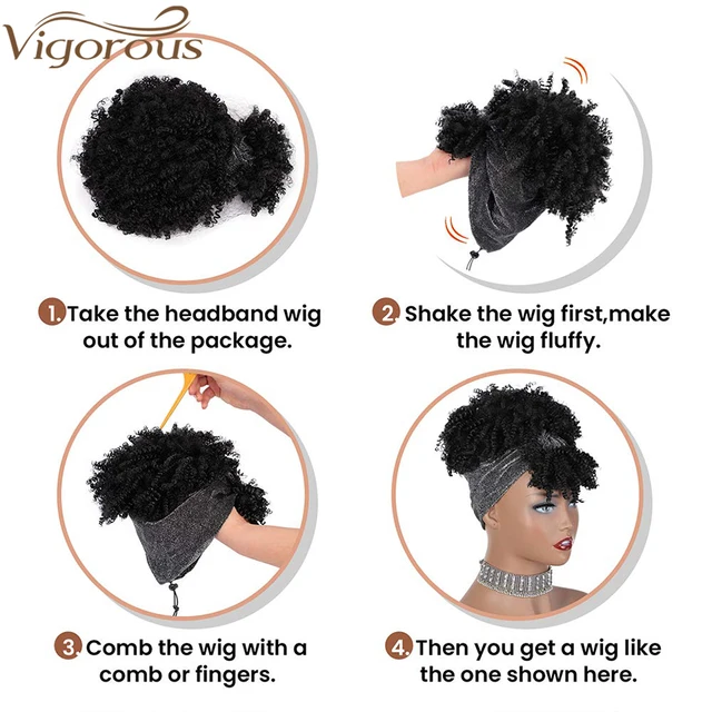 Vigorous Synthetic Curly Headband Wigs Short Black Kinky Curly Wig with Bangs Afro Puff Wigs for Women Head Wrap Wig 5