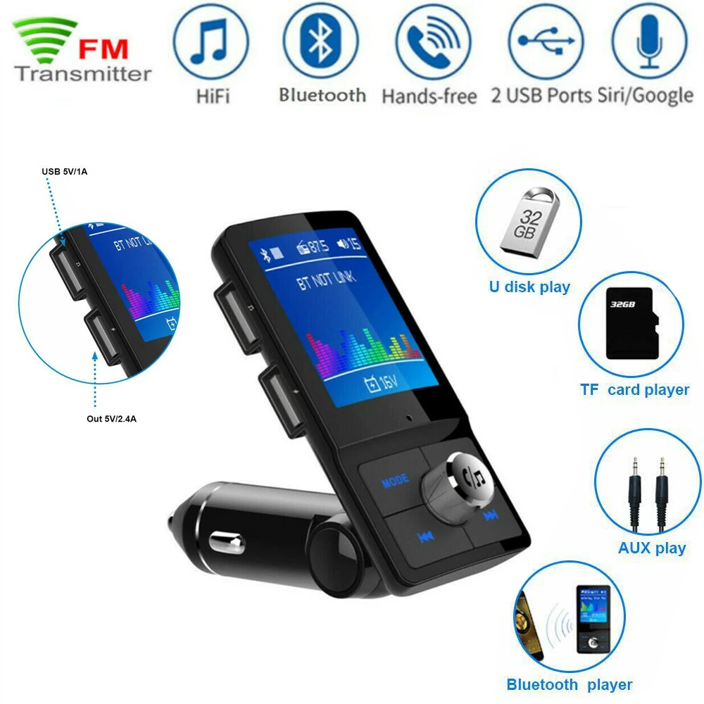 

Dual USB Charger Color Screen FM Transmitter Wireless Bluetooth Handsfree Car Kit MP3 Audio Radio Receiver Adapter Accessories