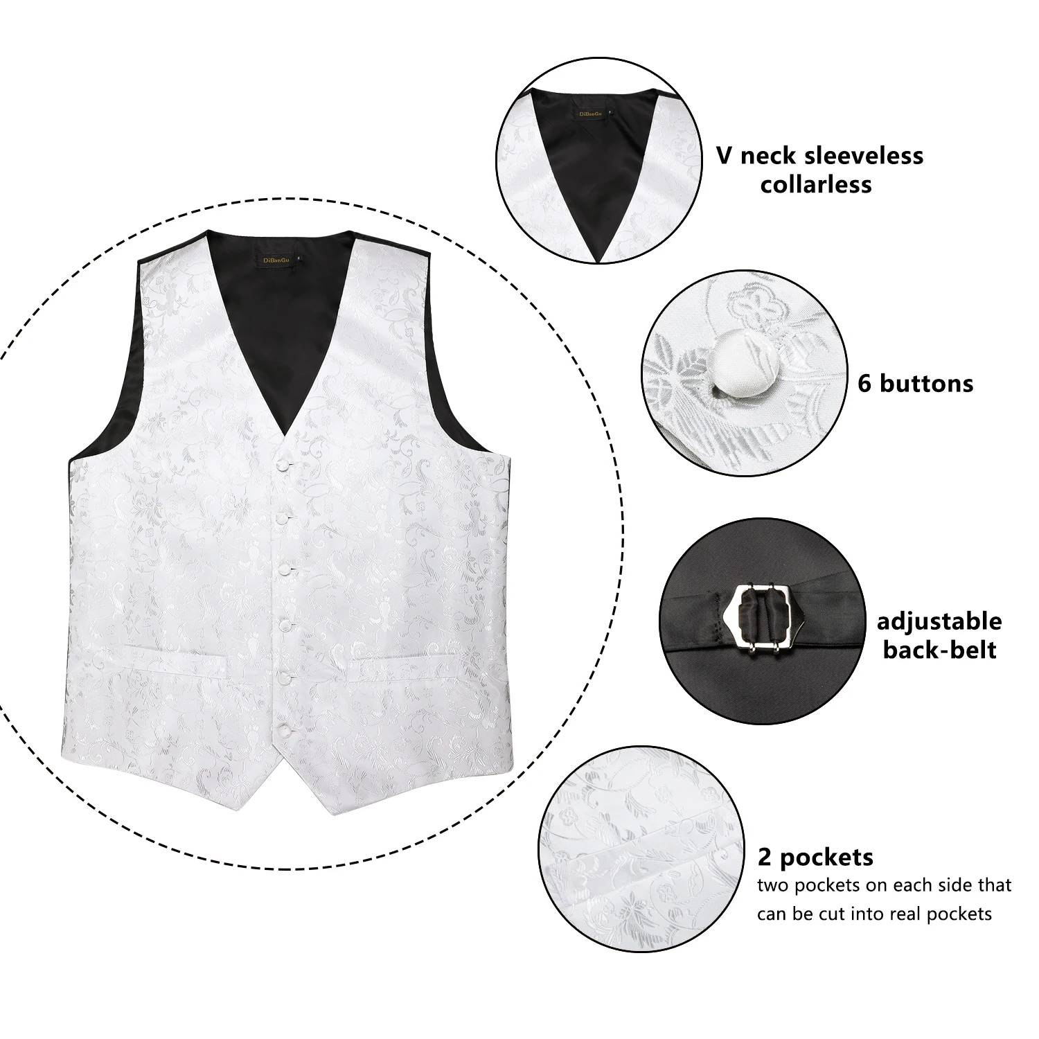 Men's White Floral Fashion Wedding Silk Waistcoat Vest For Men Bowtie Hanky Cufflinks Cravat Set for Suit Tuxedo DiBanGu MJ-116 Men's White Floral Fashion Wedding Silk Waistcoat Vest For Men Bowtie Hanky Cufflinks Cravat Set for Suit Tuxedo DiBanGu MJ-116