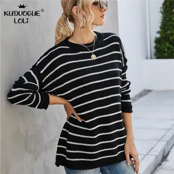 

Women Sweater Stripes Black/white O-Neck Long Sleeve Knitted Acrylic Pullover Loose Casual Top Lady Oversize Autumn And Spring