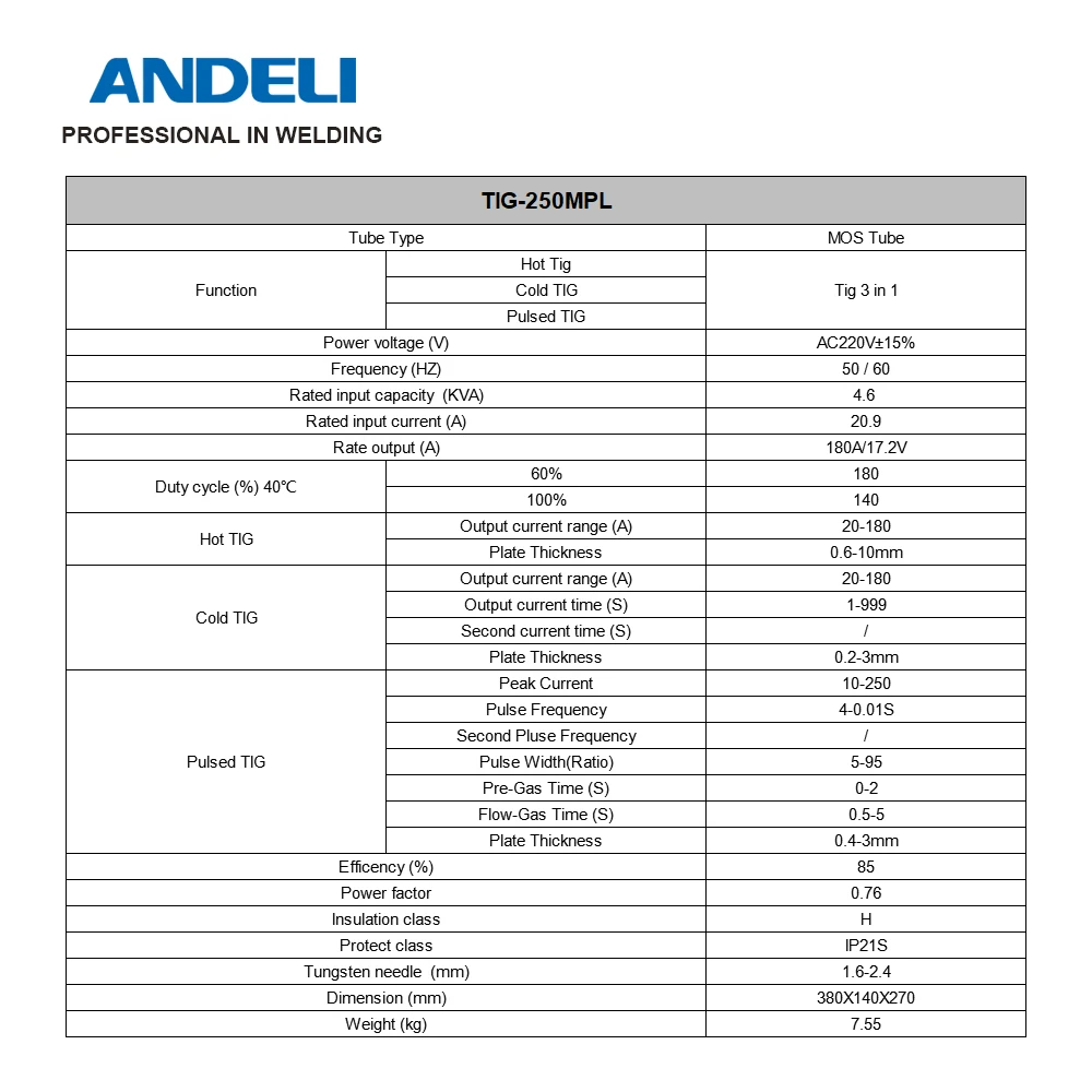 ANDELI TIG 250MPL MOS многофункциональный сварочный аппарат для сварки вольфрамовым