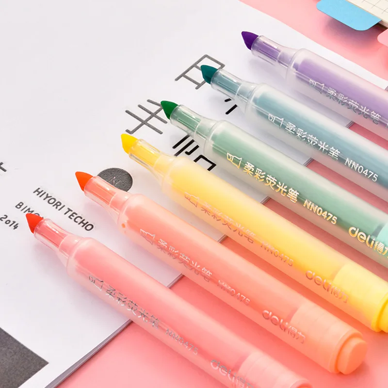 

6 Colors/set Deli Candy Highlighters Fluorescent Marker Pens Kawaii Drawing Multicoloured Pen Office Stationery School Supplies