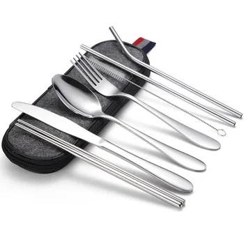 

304 Dinnerware Set Travel Camping Cutlery Set Reusable Silverware with Metal Straw Spoon Fork Chopsticks and Portable Case