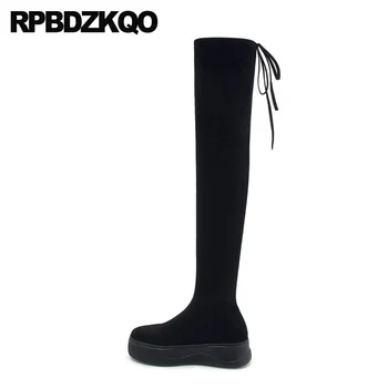 

elevator metal long muffin suede slim thigh women boots over the knee black shoes sexy tall luxury stretch round toe flatform