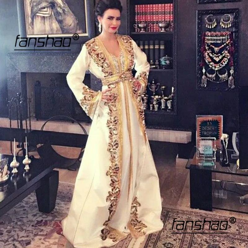 

Ivory Muslim Long Evening Dresses Lace Pearls Bead Dubai Moroccan Kaftan Dress Long Sleeves Formal dress Evening Party gown