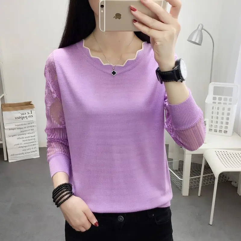 purple OHCLOTHING 2019New кружевной свитер Женская Нижняя блузка с длинным рукавом Свободная Весенняя НОВАЯ тонкая трикотажная блузка тренд - Цвет: purple