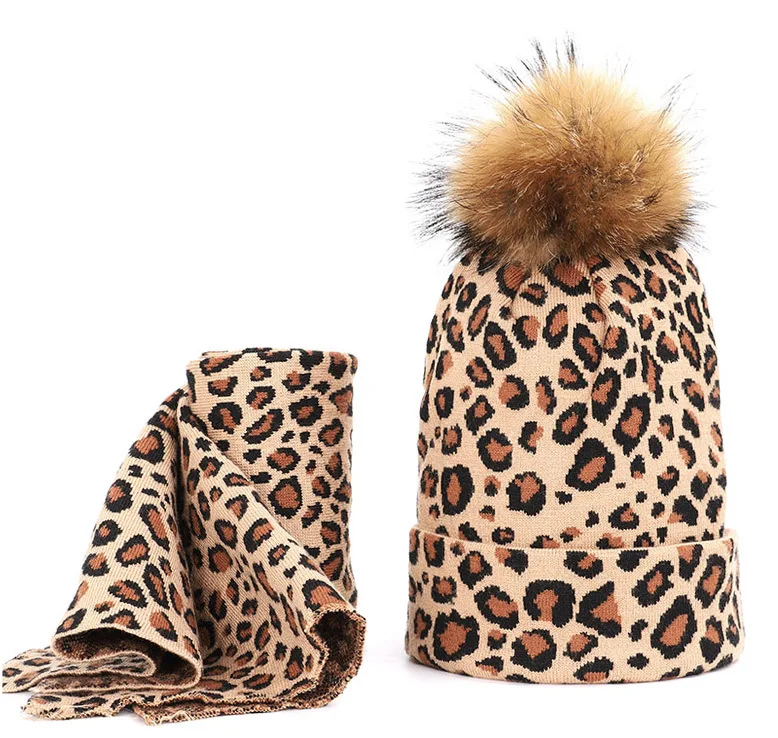 Высококачественные зимние шапки для женщин Skullies Beanie, модная шапка с леопардовым принтом и помпонами, повседневные двухслойные теплые вязаные шапки