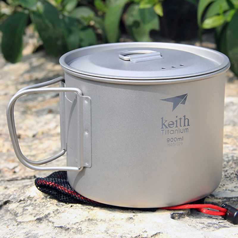 

Keith 900ml Pot Titanium Cup Mugs Portable Camping Hiking Travel Tableware Pot With Folding Handles Titanium Lids Ti3209