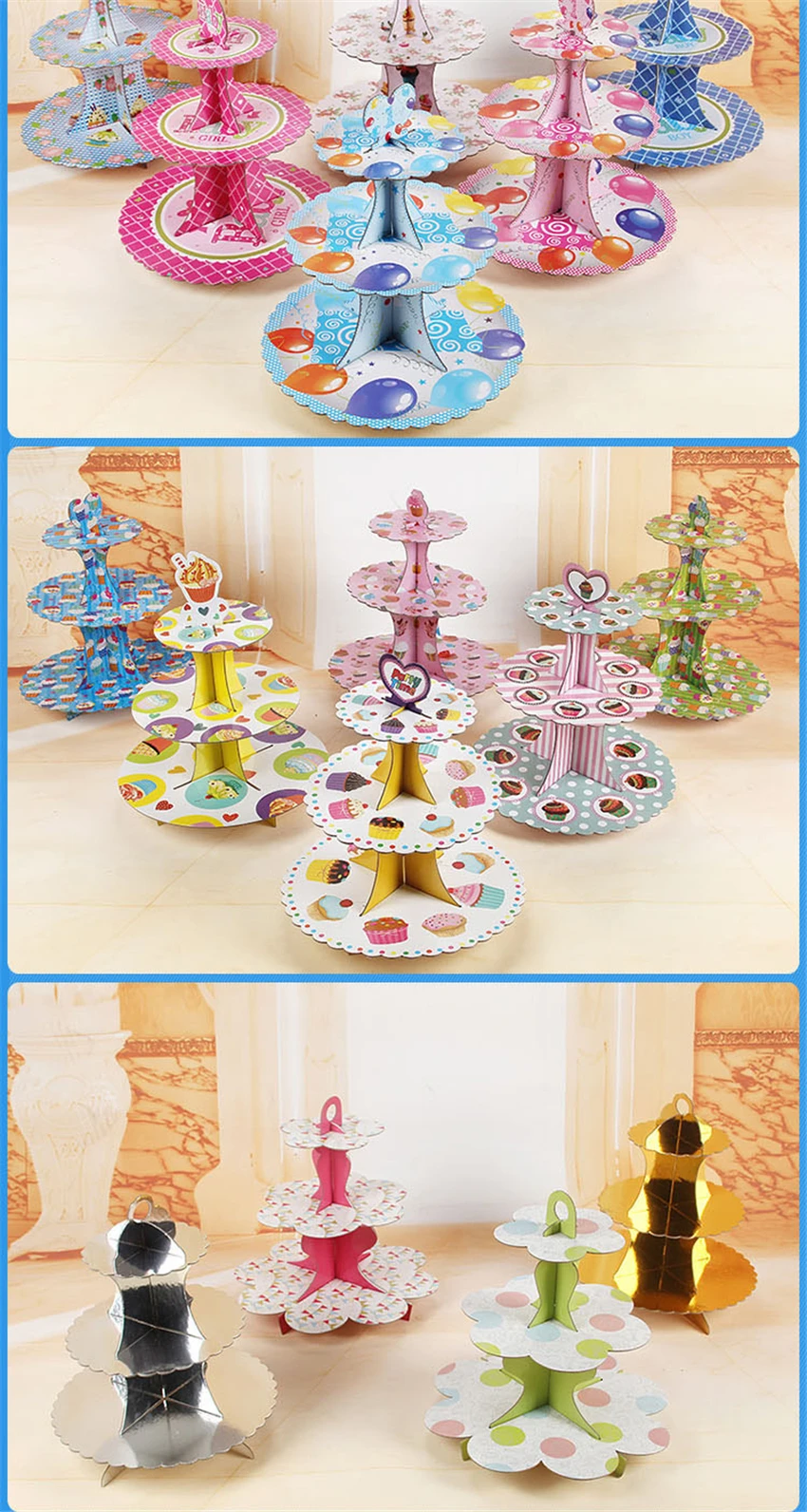 Birthday Cake Stand Disposable Decoration Foldable Dessert Holder Display Shelf Paper Wedding Party Triple Layer Party Supplies