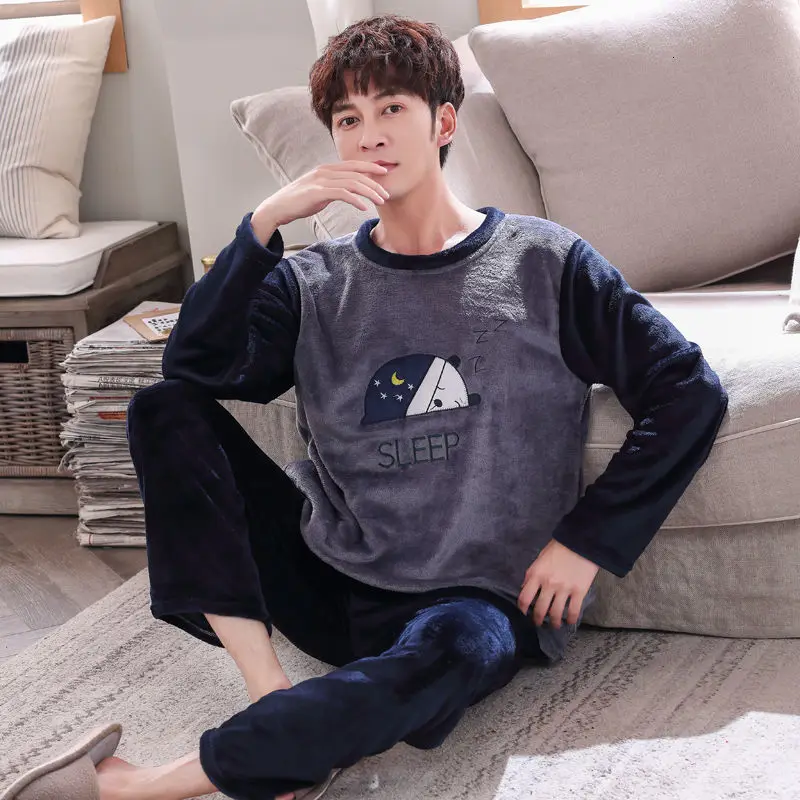 men pajamas winter 4XL размера плюс Мужские пижамные комплекты зимние Длинные коралловые флисовые Мультяшные полосатые толстые теплые пижамы для мальчиков Pijama Mujer повседневные пижамы - Цвет: men pajamas winter