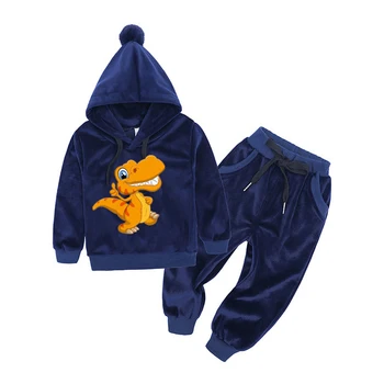 

Boys Girl Tracksuit Toddler Kids Baby Hood Hoodie Sweat Coat Sport Pants Trousers Children Fur Ball Sets Velvet Velour Dinosaur