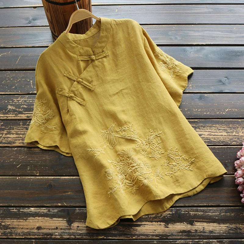 

New Folk Style Summer Women Tshirt Plus Size Vintage Embroidery Stand Collar Button Tee Shirt Femme Cotton Linen Tops D349