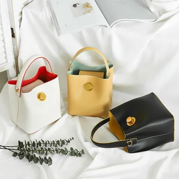 

2020 New Leather Handbags Niche Designer Color Matching Wide Shoulder Strap Portable Bucket Bag Shoulder Messenger Small Bag