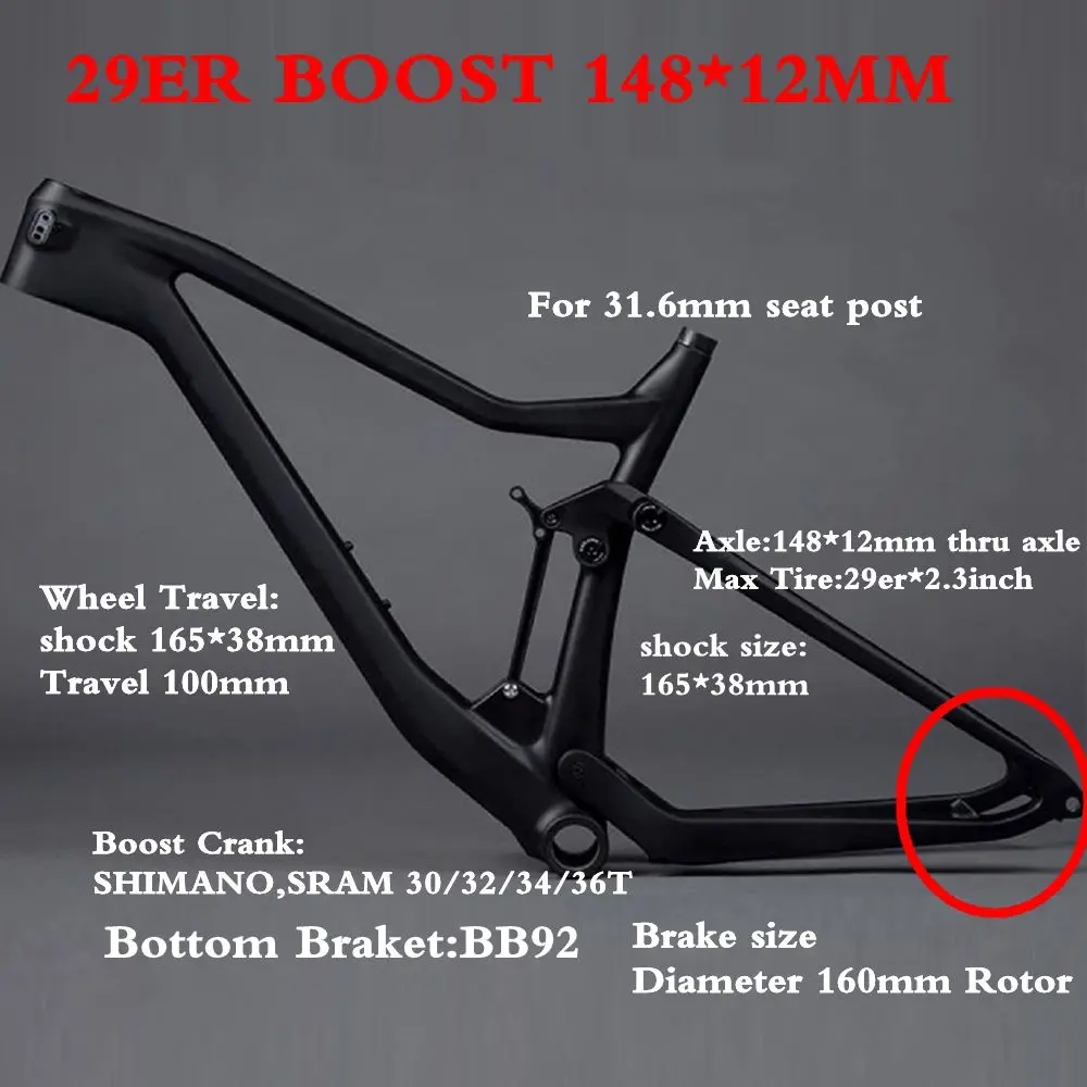 

2019 Newest Boost Frame 165*38mm Shock Size cadre vtt carbone 29er Mtb Carbon Frame Full Suspension FM258-B BB92 Rear 148*12mm