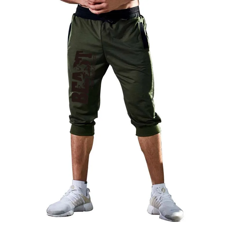2019 heat brand knee long men's shorts Solid color printing  patchwork jogger sports Bermuda casualKnee Pants with Beach Shorts