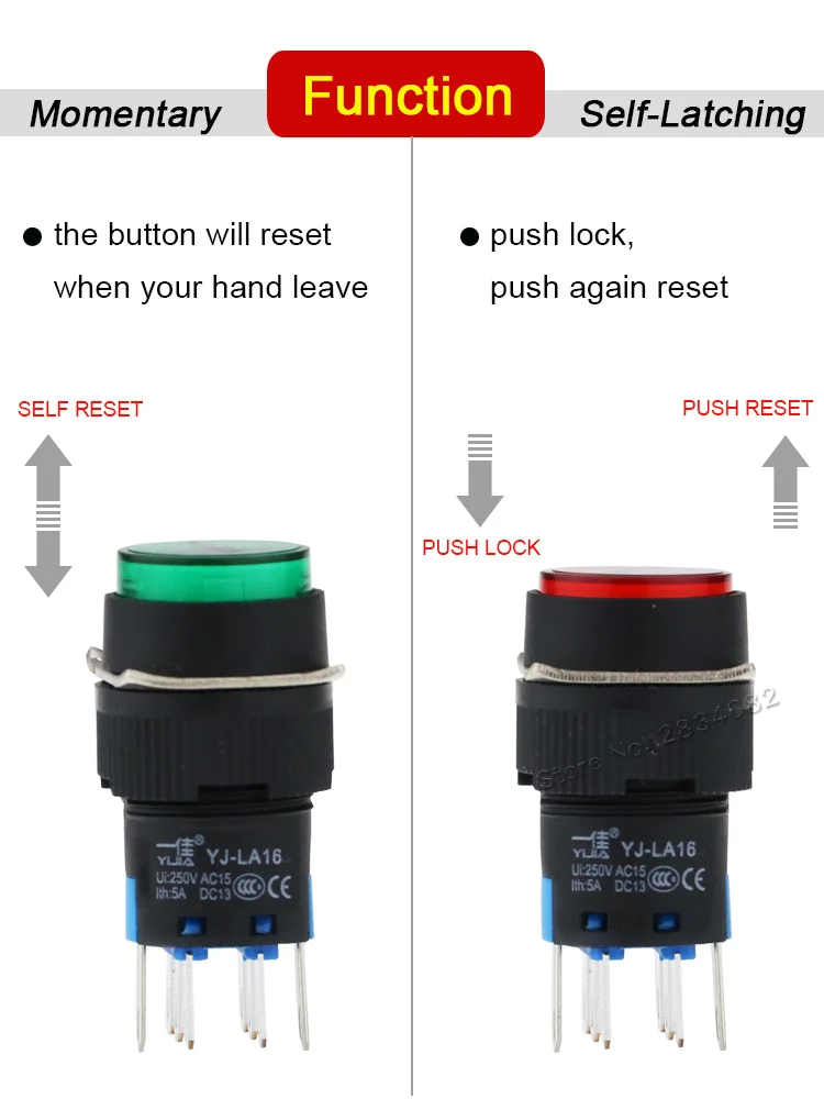 Interrupteur à bouton-poussoir lumineux LED, 12mm, 8 broches 2NO2NC,  verrouillage automatique, momentané, 6V, 12V, 24V