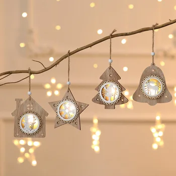 

Christmas Wooden Ornament LED Light Pentagram House Bell Shape Openwork Luminous Lamp Hanging Rope Pendant Decoration HG