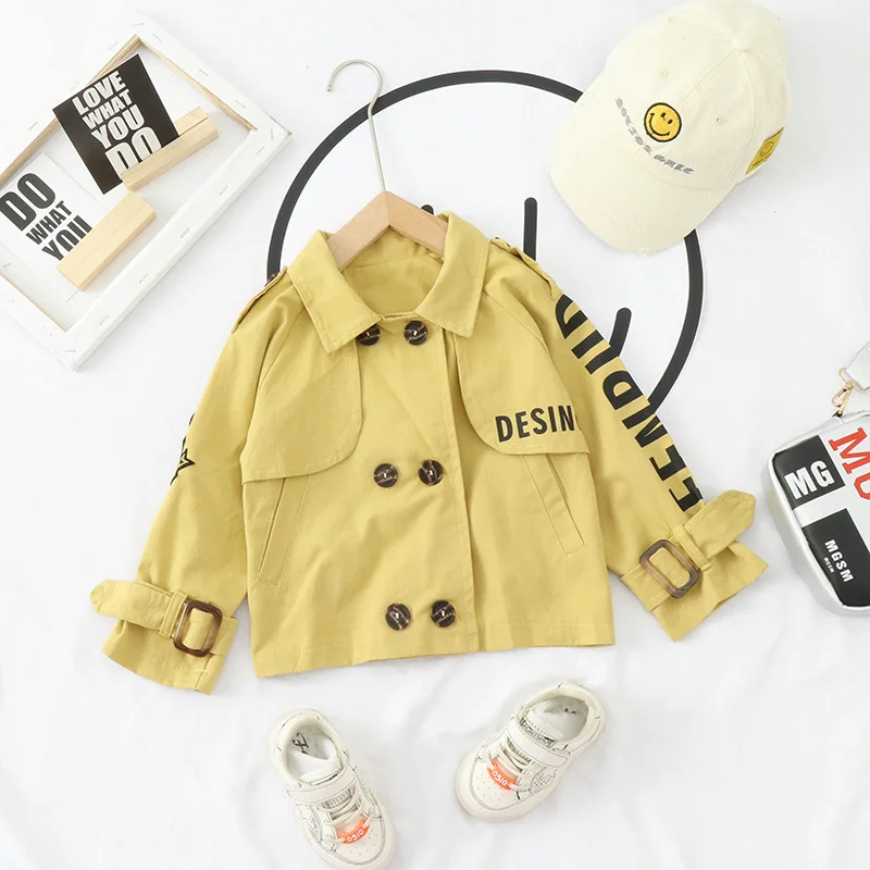 

New Style Girls Casual Pure Cotton Coat Children Double Breasted Solid Color Lettered Trench Coat Coat Trend Spring And Autumn
