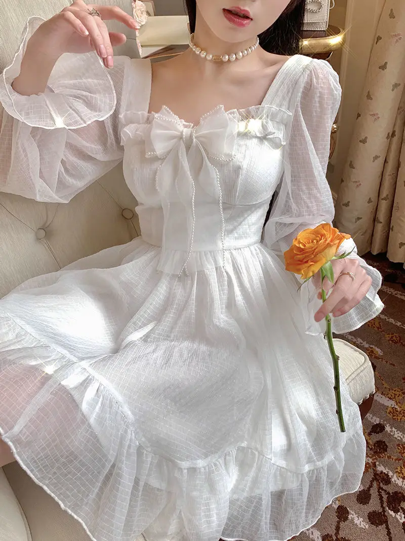 QWEEK Vintage Sweet Kawaii Princess Fairy Dress Women French Elegant White Ruffle Party Dresses Female Mori Girl Cute Clothes party dresses