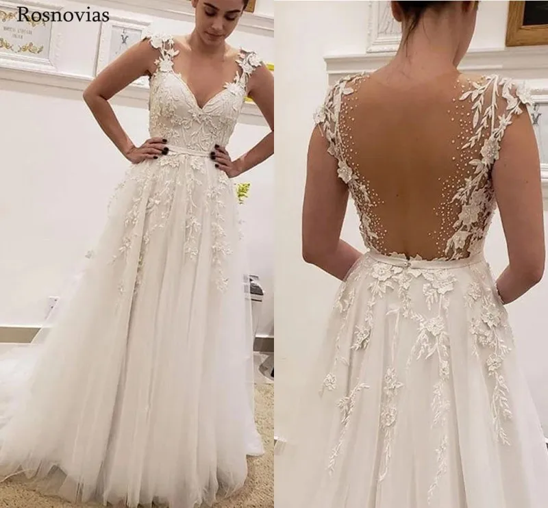 

New Boho Beach Wedding Dresses 2019 Illusion Jewel Sleeveless Sweep Train Lace Appliques Modest Beach Bridal Gowns Customized